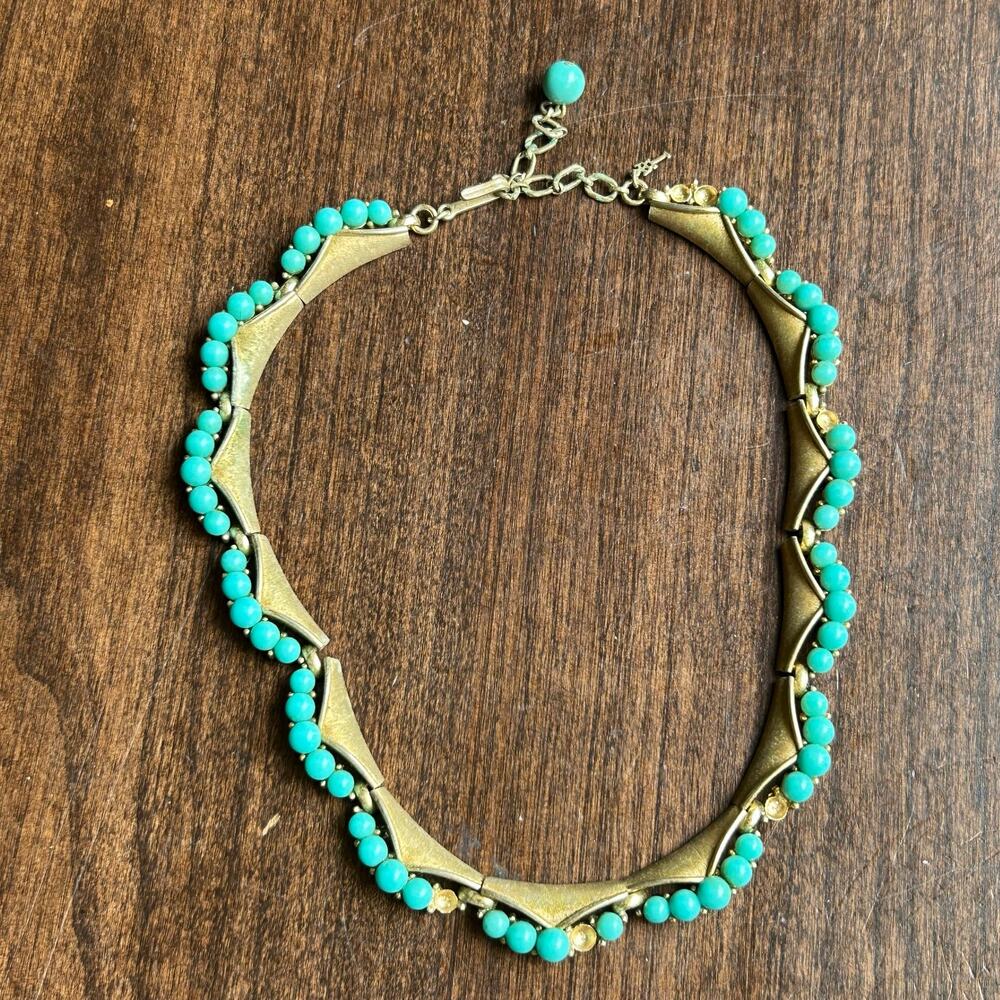 Vtg MCM Crown Trifari Gold Tone Faux Turquoise Choker Necklace